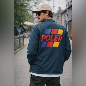 Poler Outdoor Stuff Lifto Coaches Jacket Dark Ocean M NWT Camp Vibes Windbreaker